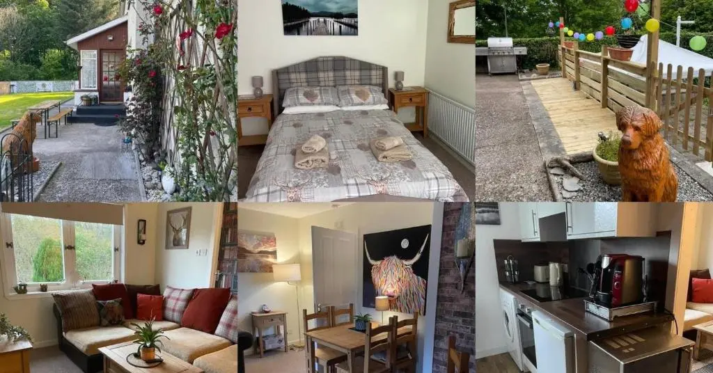 a collage of pictures of a bedroom and a living room at Charleston Apartment Self Catering 5 min drive from town centre in Inverness