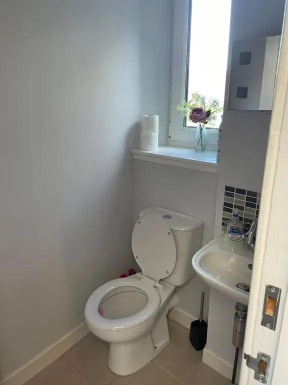 a white bathroom with a toilet and a sink at Newsagents Flat in Lairg