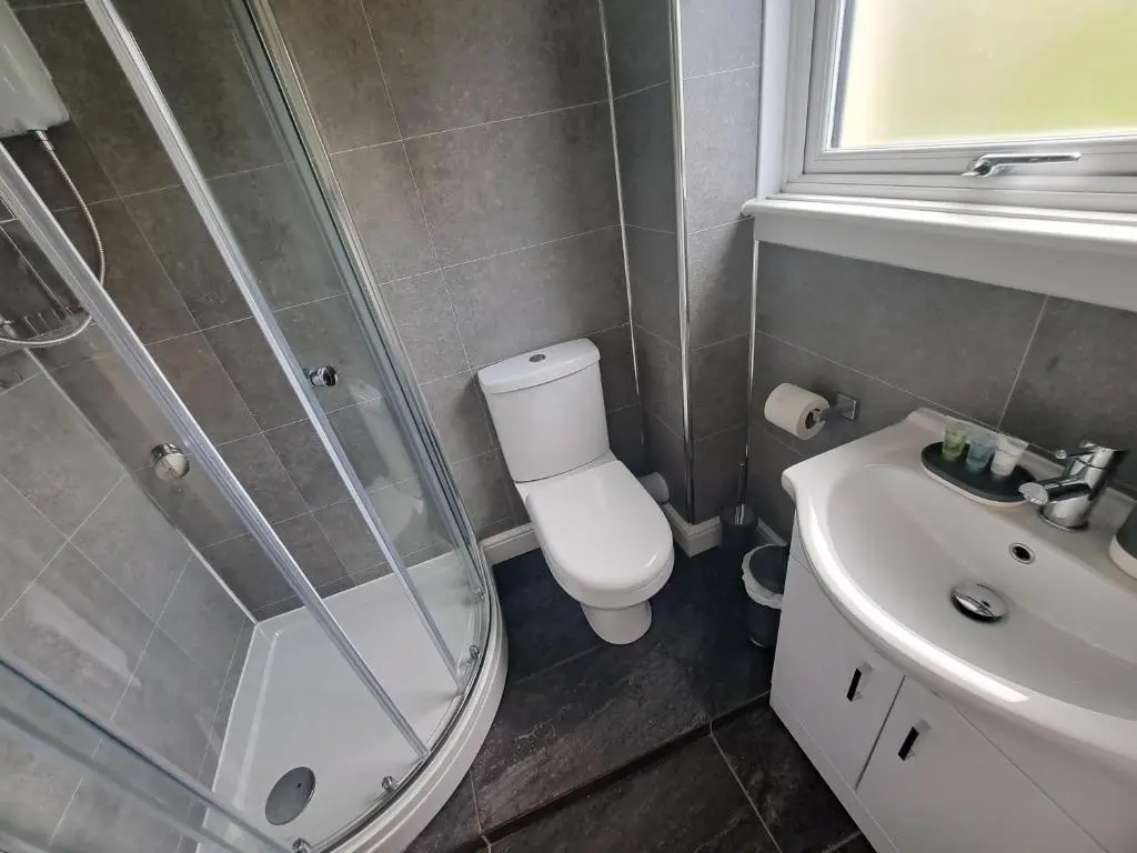 a bathroom with a shower and a toilet and a sink at Clematis Cottage, Fortrose in Fortrose