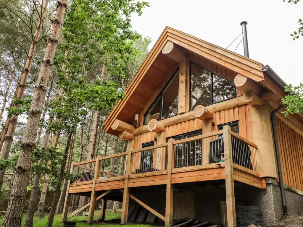 a tree house with a deck in the woods at Pine Marten Lodge in Grantown on Spey