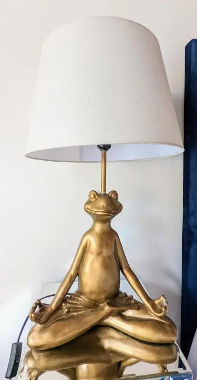 a gold frog sitting on a table with a lamp at Kaoglen Squirrel Drey-Hot Tub-Pet Friendly-Perth in Balnald