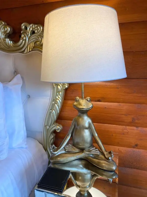 a metal frog sitting on a table next to a lamp at Kaoglen Zen-Feature Bath-Dunkeld-Route 500 in Balnald
