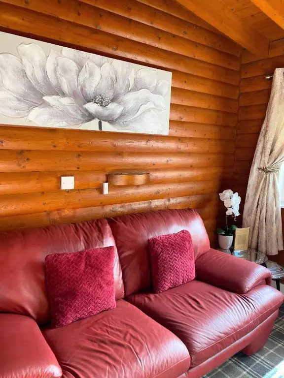a brown leather couch with two pink pillows on it at Kaoglen-Spruce-Hot Tub-Forrest Setting-Pet Friendly in Balnald