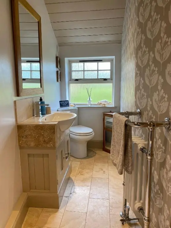 a bathroom with a sink and a toilet and a window at Quirky Highland Cottage with Stunning Views in Wester Fearn