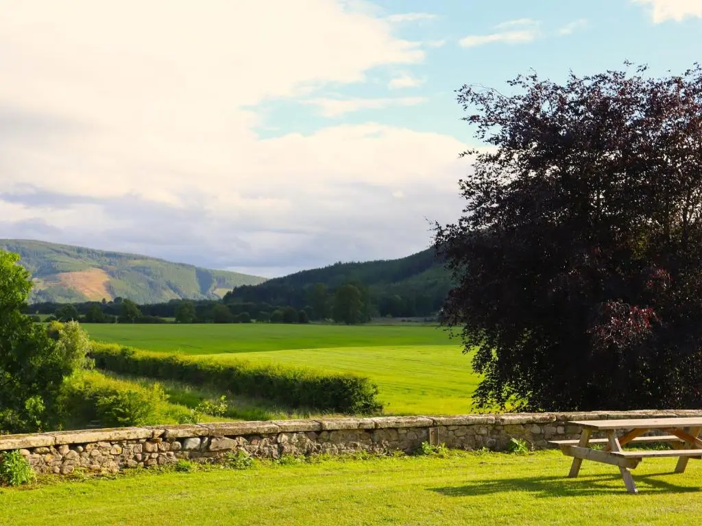 a park bench sitting in the grass near a field at Mains of Orton in Fochabers