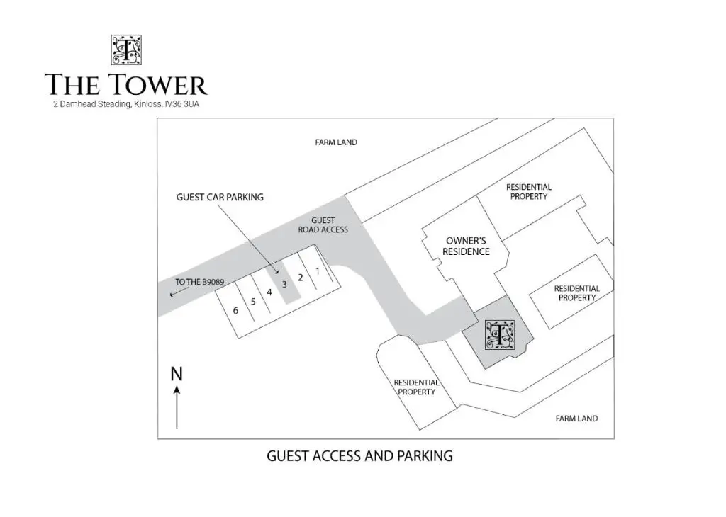 a floor plan of the tower guest rentals and parking at The Tower, Moray Firth Holiday Home in Kinloss