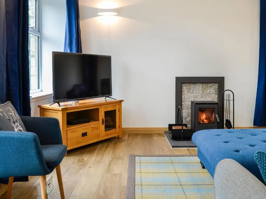 a living room with a tv and a fireplace at Druids Knowe in Tarfside