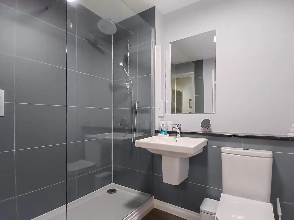 a bathroom with a toilet and a sink and a shower at Ness-Side Apartment in Inverness