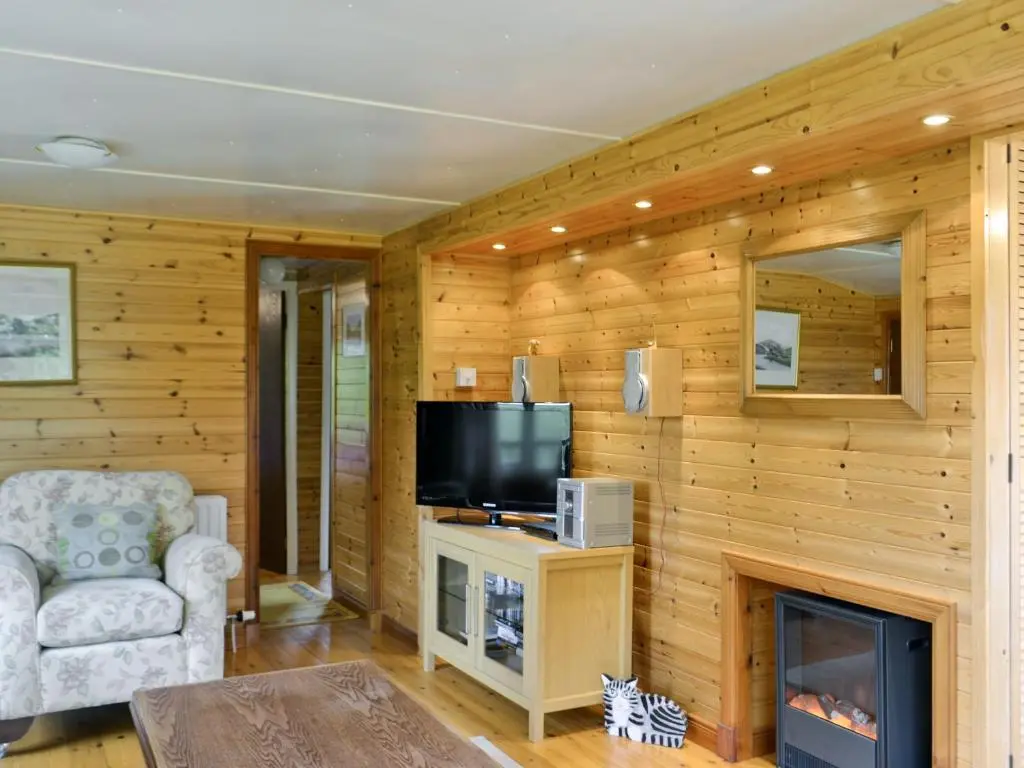 a living room with a fireplace and a television at Henrys Lodge in Balblair