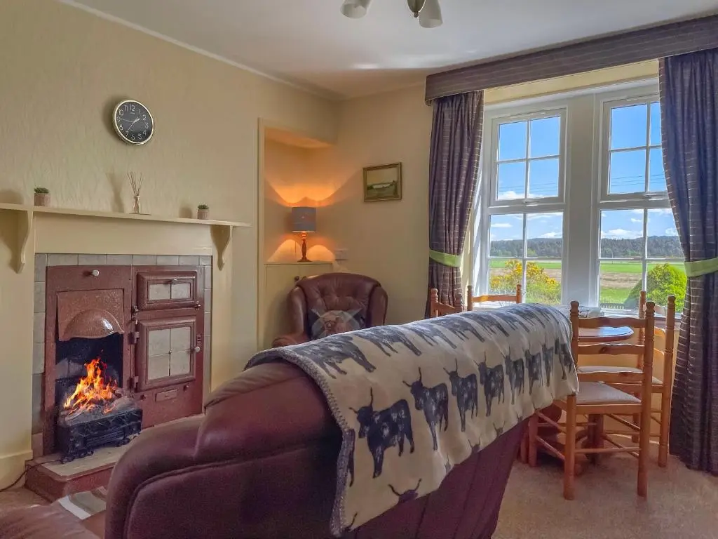 a living room with a couch and a fireplace at Rowan Cottage - Uk38991 in Dalcross