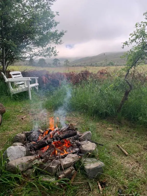 a fire in the grass with a bench in the background at Birkenshaw - Beautiful Shepherd\u2019s Hut in the Highlands. in Dornoch