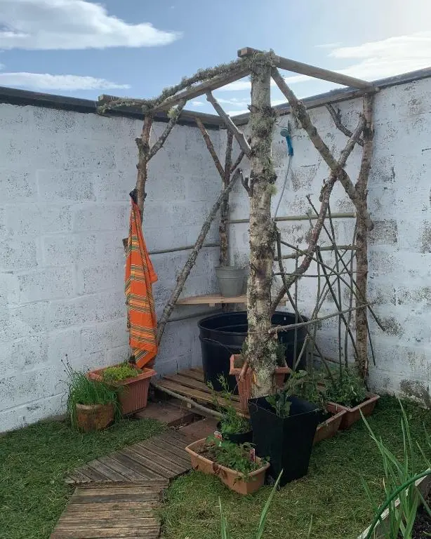 a pergola with a tree in a garden at Birkenshaw - Beautiful Shepherd\u2019s Hut in the Highlands. in Dornoch