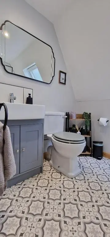 a bathroom with a toilet and a sink and a mirror at Bonnie Lodge-Lochside Location with Hot Tub in Invergarry