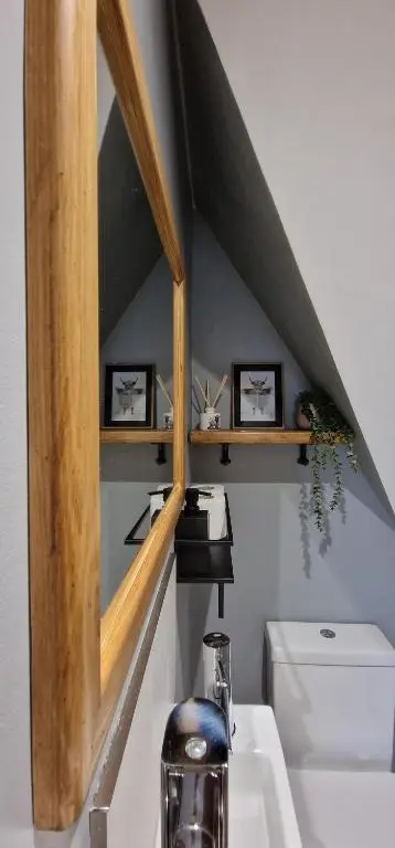 a bathroom with a sink and a mirror above a toilet at Bonnie Lodge-Lochside Location with Hot Tub in Invergarry