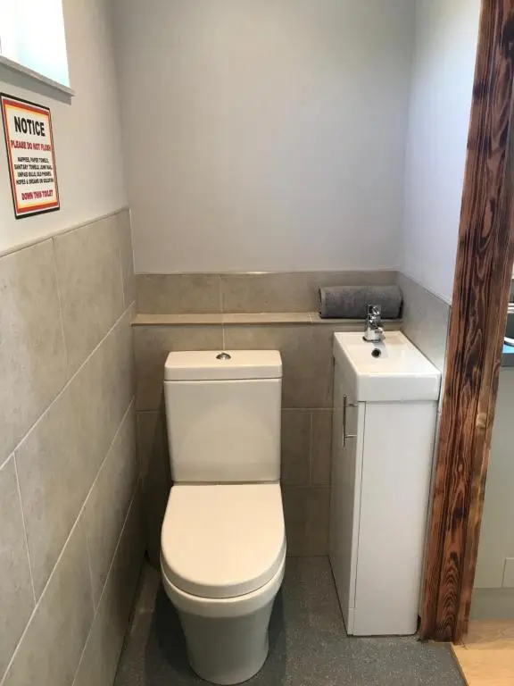 a bathroom with a toilet and a sink at Ben Klibreck, Ben Hope, Ben Hee in Torroboll