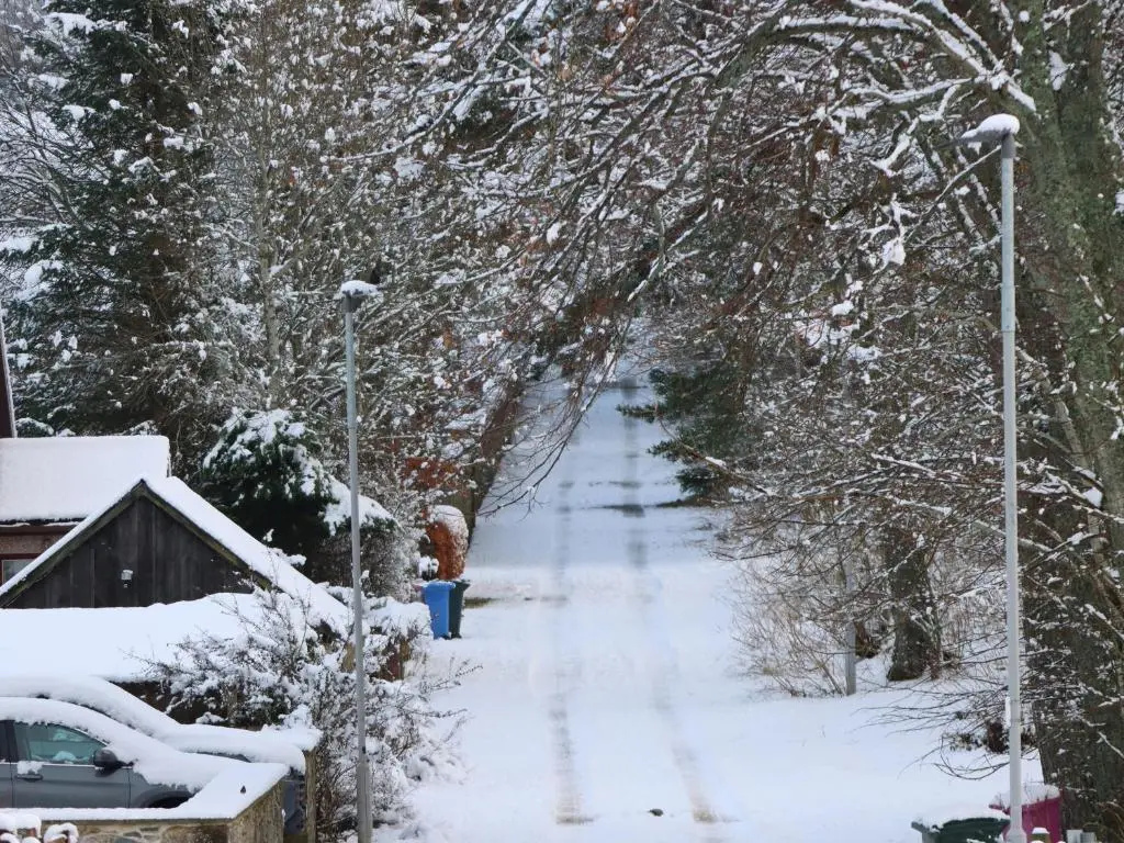 a snow covered street with trees and a snow covered road at Kilmuir Cottage in Tomintoul
