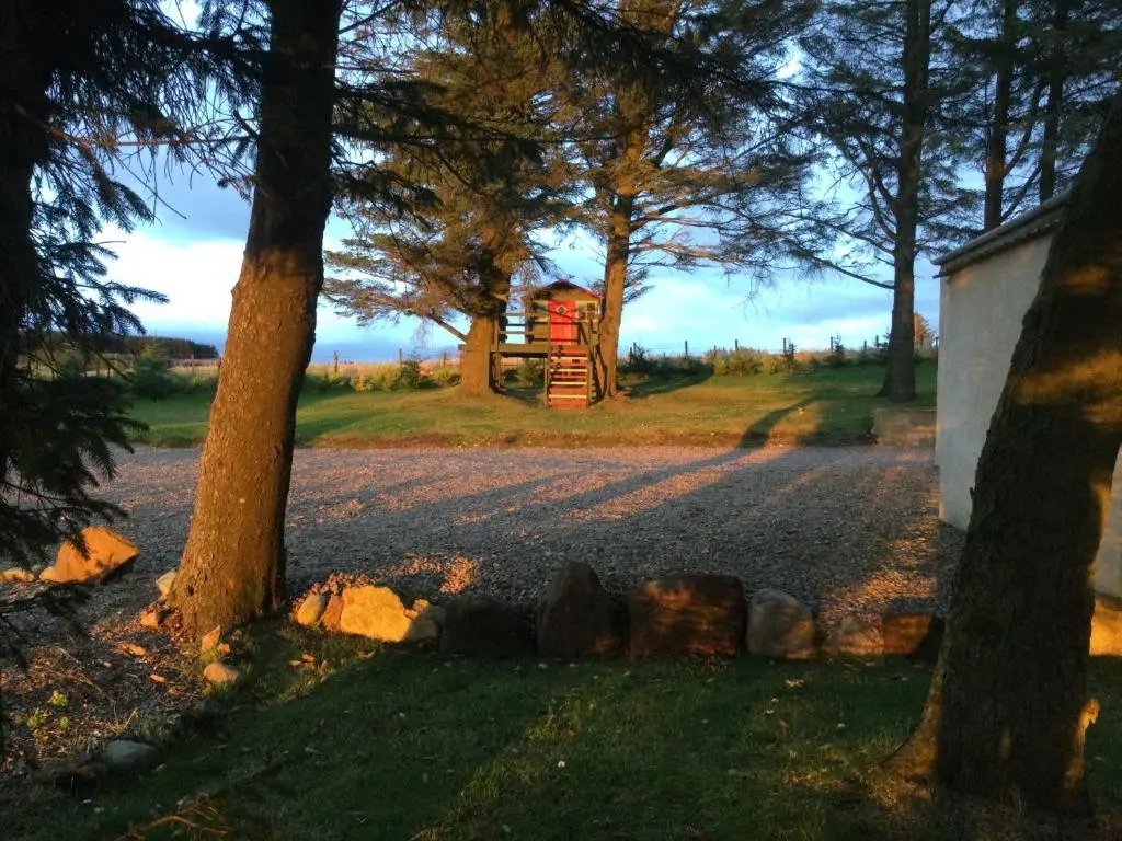 a gravel road with trees and a small shed at Green Yurt with Hot Tub - Sleeps 3 Parking & Pets in Turriff