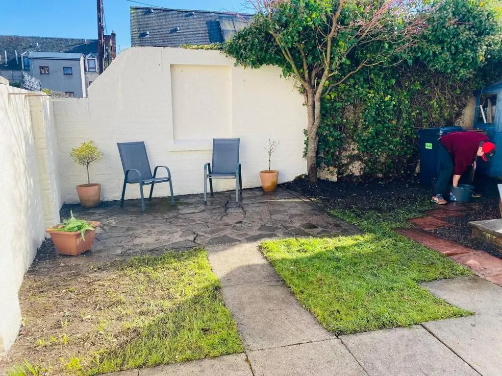 a yard with two chairs and a tree at Ashley House Contemporary 4 Bedroom Stay for 13 in Inverness