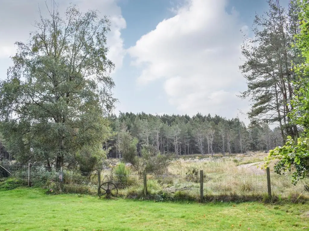 a field with a fence and trees in the background at The Chalet - Ukc5786 in Nethy Bridge