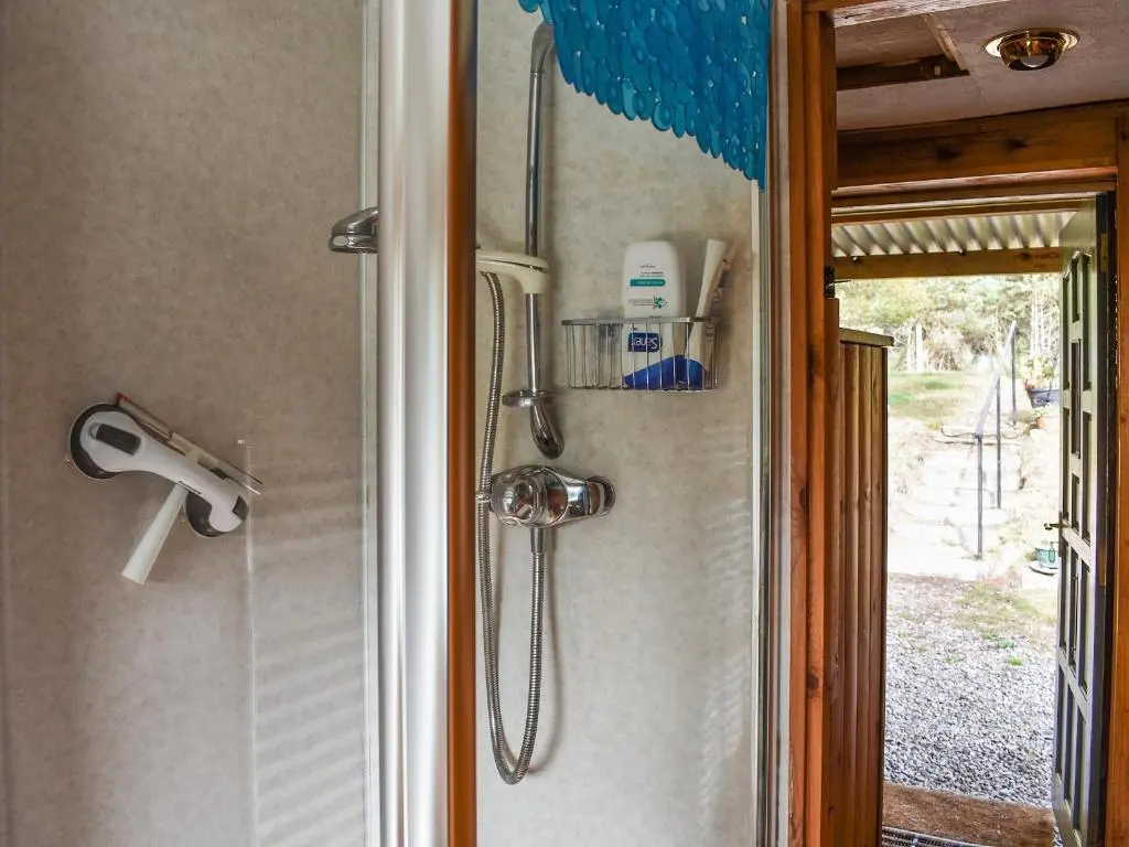 a shower with a shower head in a bathroom at The Bothy - Ukc5785 in Nethy Bridge