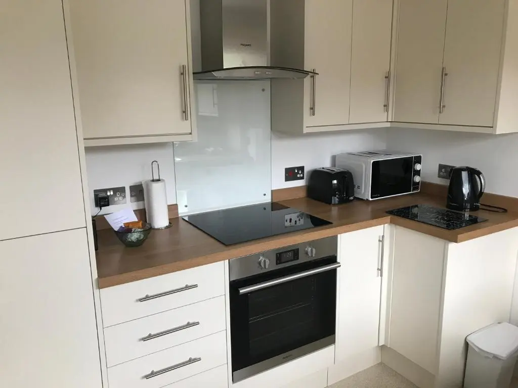 a small kitchen with white cabinets and a microwave at 'Edgewood' - spacious detached bungalow in Inverness