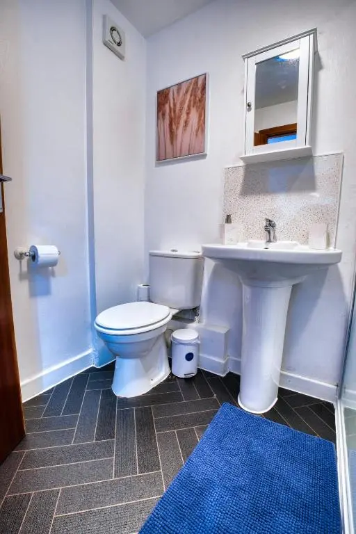a bathroom with a white toilet and a sink at Two Bed Holiday Home with Free Parking in Inverness in Inverness