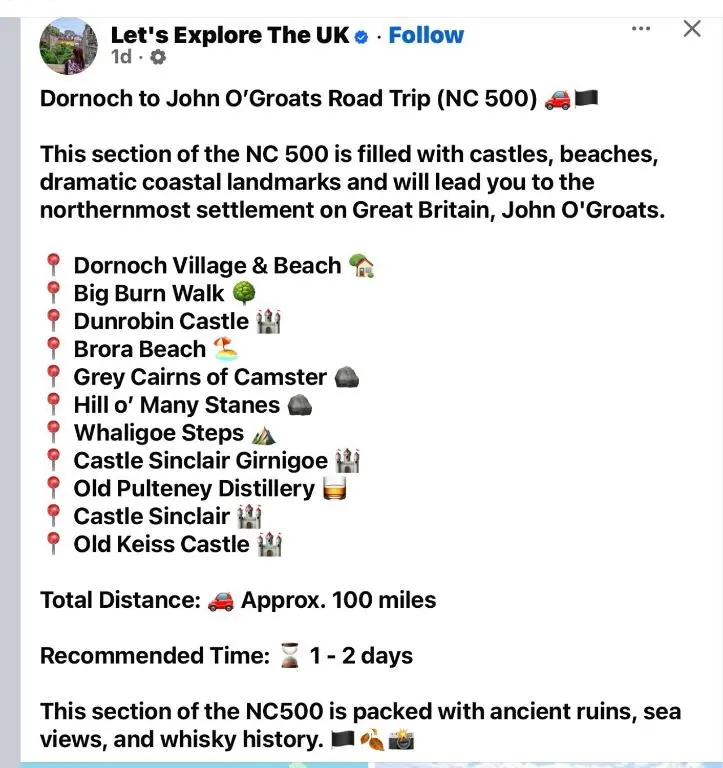 a screenshot of a cell phone showing the ncos road trip info at Helens Lybster cosy cottage on NC500 in Lybster