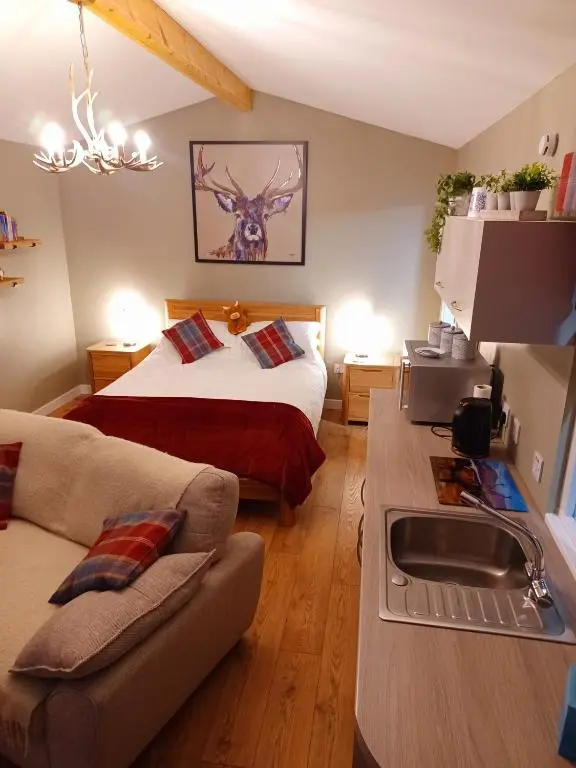 a bedroom with a bed and a couch and a sink at Erraid Lodge in Fort Augustus