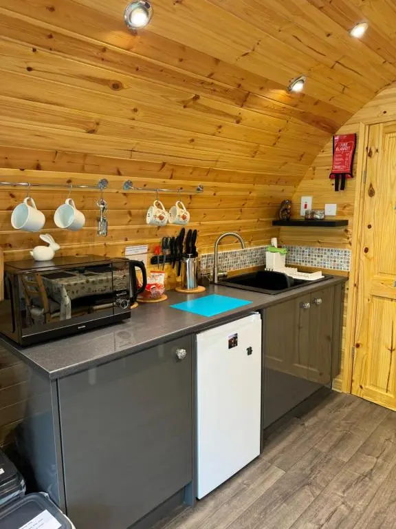 a kitchen with wooden walls and a counter top at Loch Ness Woodland Pods in Drumnadrochit