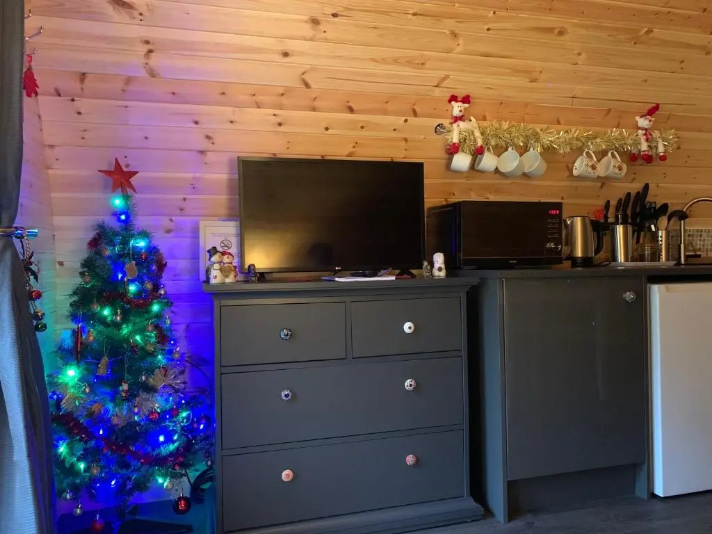 a christmas tree in a room with a dresser at Loch Ness Woodland Pods in Drumnadrochit