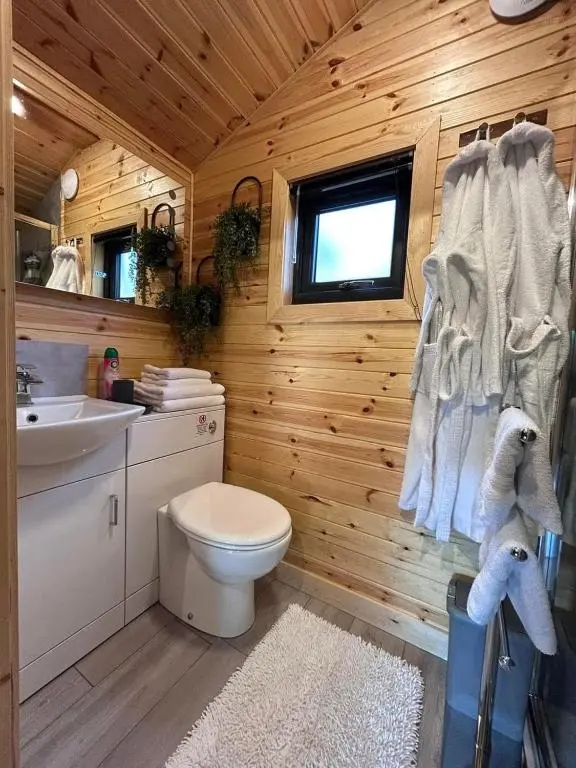 a wooden bathroom with a toilet and a sink at River Huts with Private Hot Tubs in Inverness