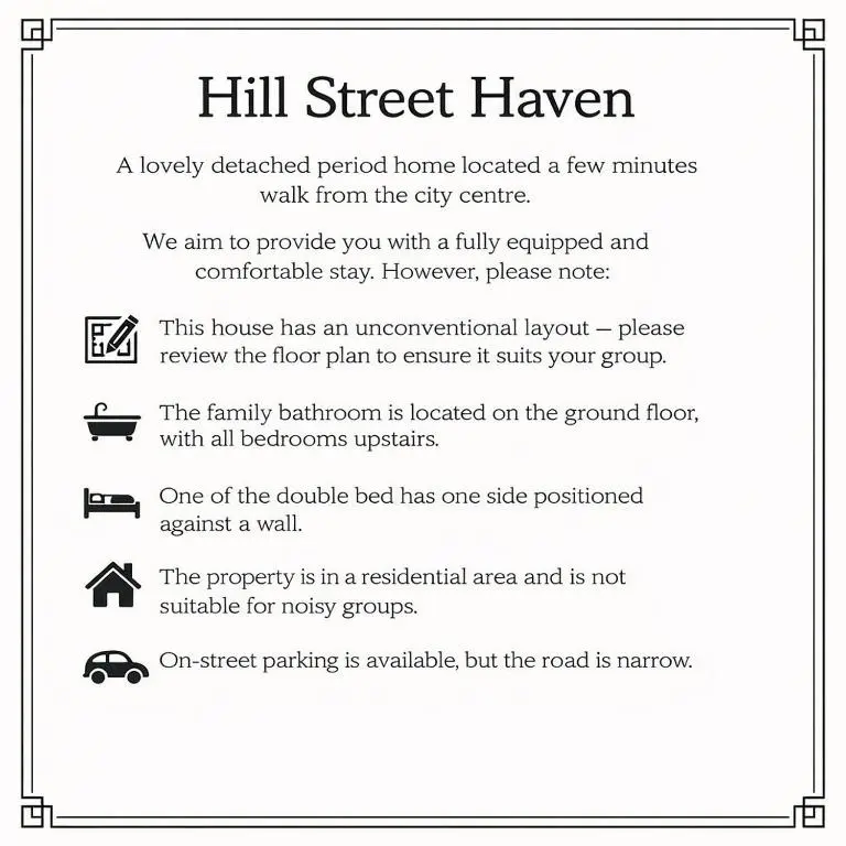 aibility checklist for a hilly street tavern with aefully detailed rendered home located at Hill Street Haven in Inverness
