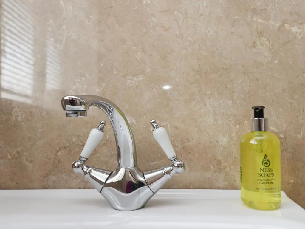 a bathroom sink with a soap bottle next to a faucet at Tommy's in Inverness