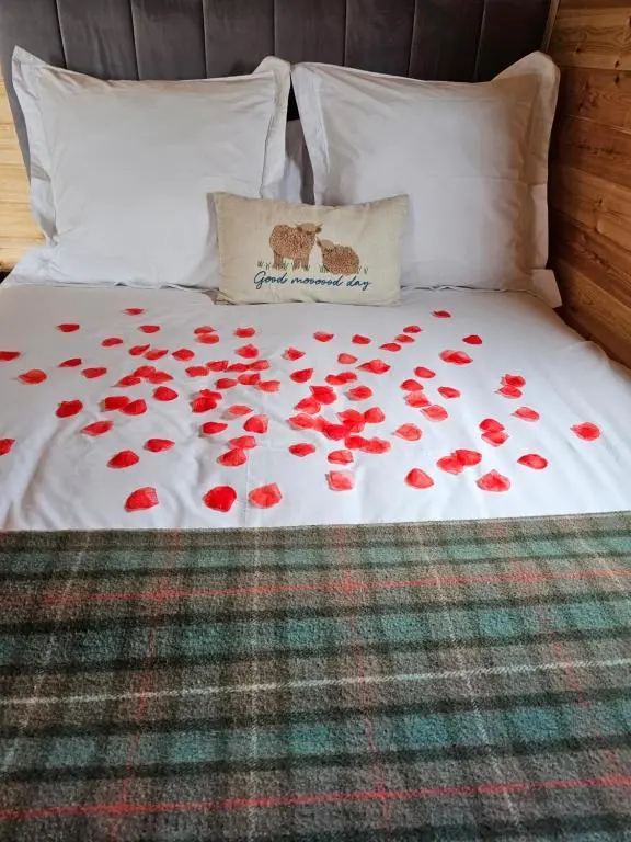 a bed with red roses on it at Dunbeath Coastal Retreat in Dunbeath