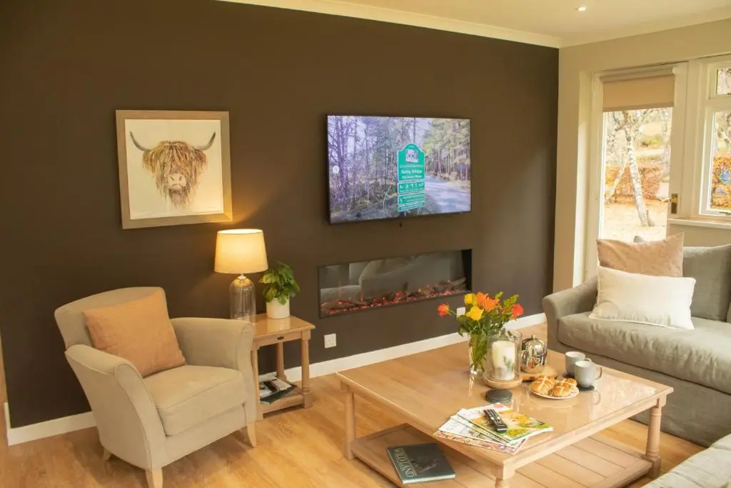 a living room with a couch and a tv on a wall at Dalnaglar in Nethy Bridge