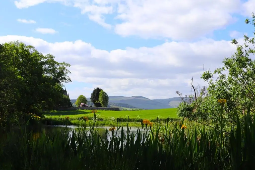 a view of a field and a pond at St Marys Farmhouse - Traditional Country Farmhouse with Open Fire in Fochabers