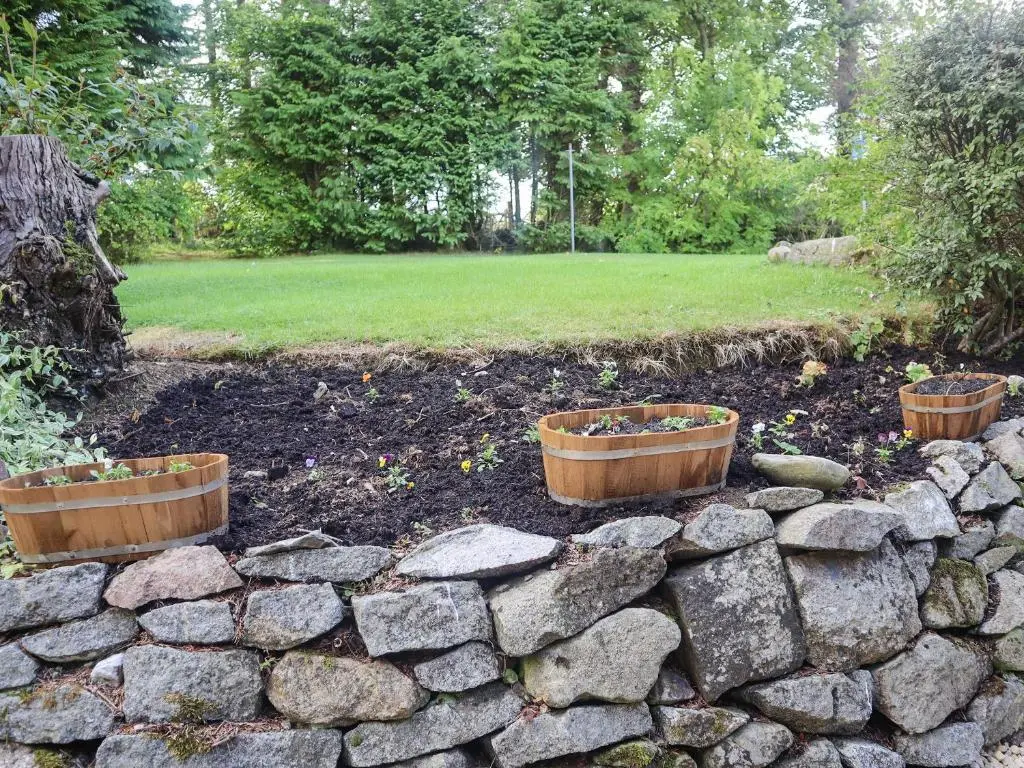 three potted plants in a stone wall at Elizabeth Lodge - Cottage in Alford