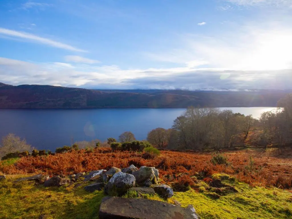 a view of a lake with rocks in the foreground at Holiday Home Peter's Shed by Interhome in Drumnadrochit