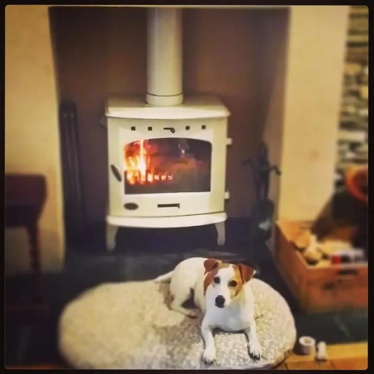 a dog sitting on a dog bed in front of a stove at The Byre - by Where Stags Roar in Newtonmore