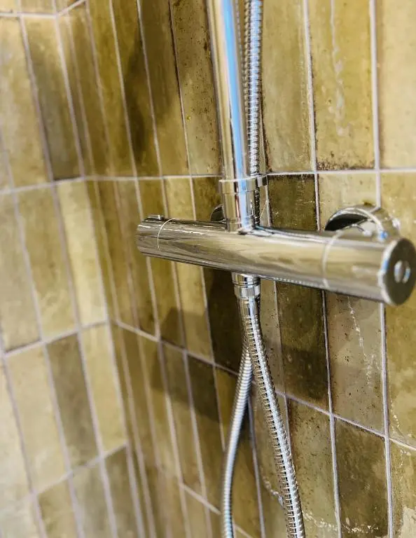 a shower head in a bathroom with brown tiles at St Duthus Villa Guesthouse in Tain