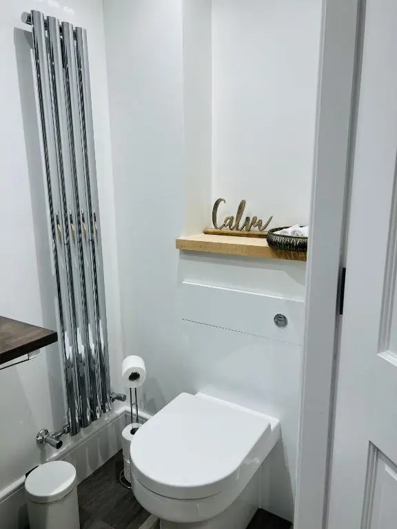 a white bathroom with a toilet and a shower at St Duthus Villa Guesthouse in Tain