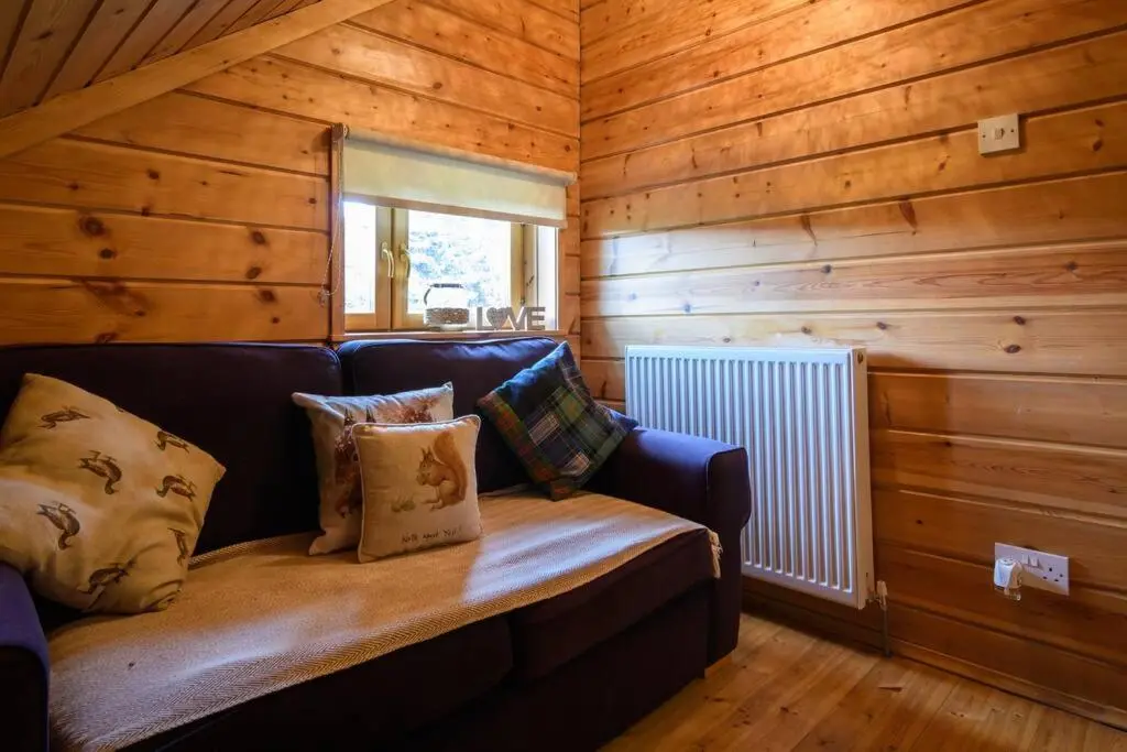 a leather couch in a room with wooden walls at Red Squirrel log cabin with hot tub in Keith