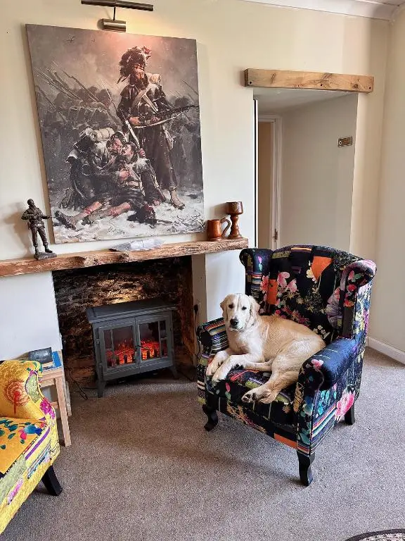 a dog sitting in a chair in front of a fireplace at Forces Manor in Kincraig