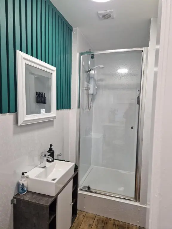 a bathroom with a white sink and a shower at Baile Apartment Central Inverness in Inverness