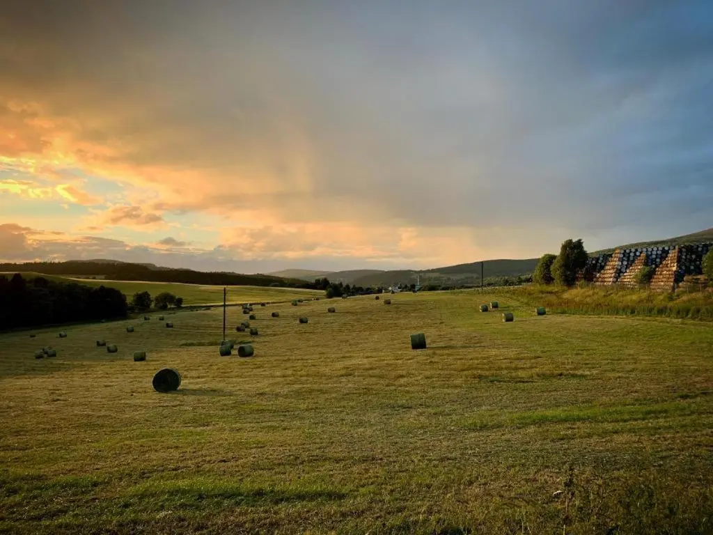 a field filled with lots of bales of hay at The Spey Van - Beautiful, luxury static caravan in Aberlour
