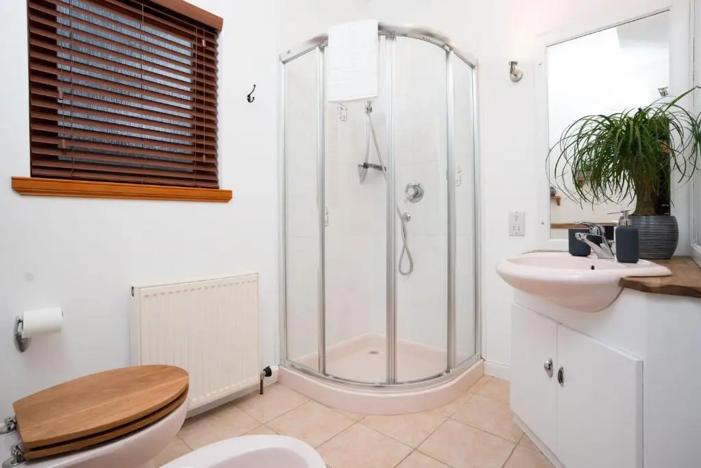 a bathroom with a shower and a toilet and a sink at The Wilds - Seasgair Lodges in Kingussie