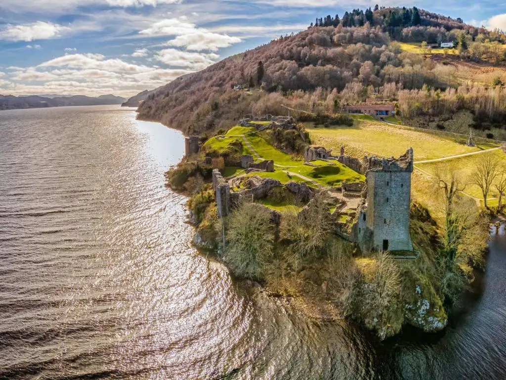an aerial view of a castle on an island in the water at Holiday Home Achmony Number 8 by Interhome in Drumnadrochit