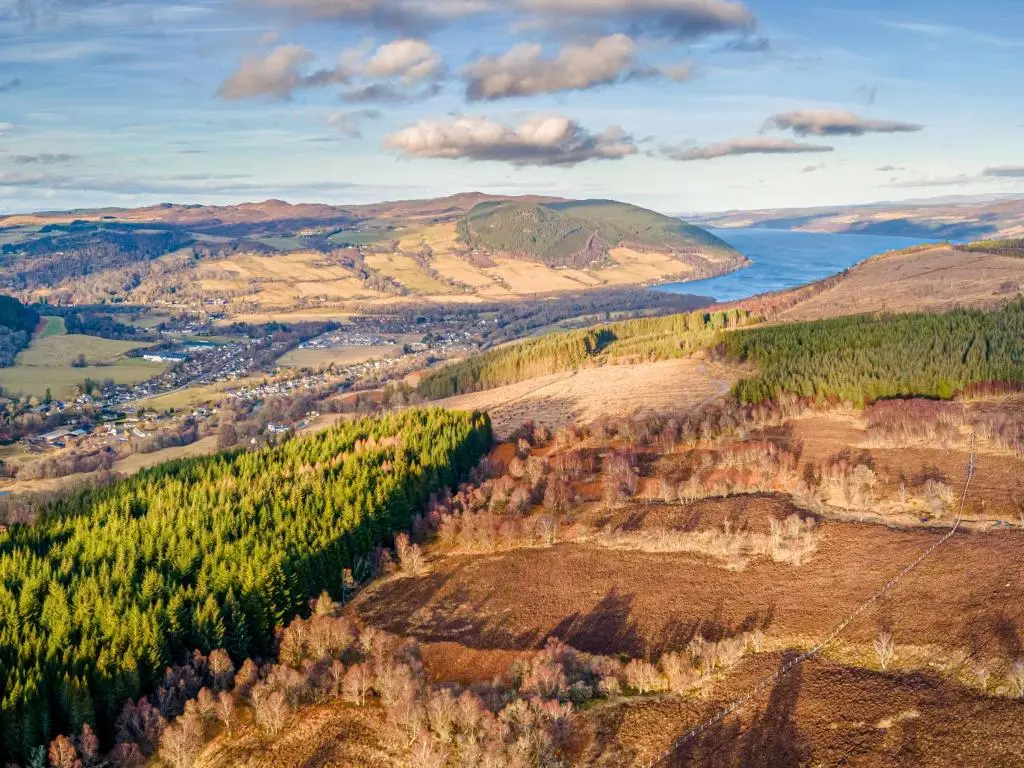 an aerial view of a valley with trees and water at Holiday Home Achmony Number 7 by Interhome in Drumnadrochit