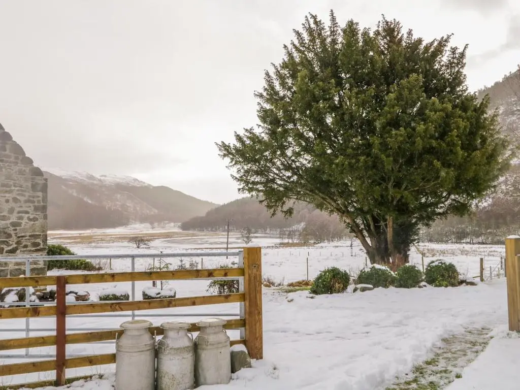 a snow covered field with a fence and a tree at The Old Mill in Beauly