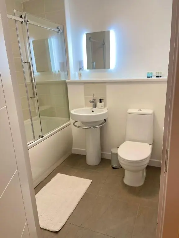 a bathroom with a toilet and a sink and a shower at Inverness Highland Apartment in Inverness